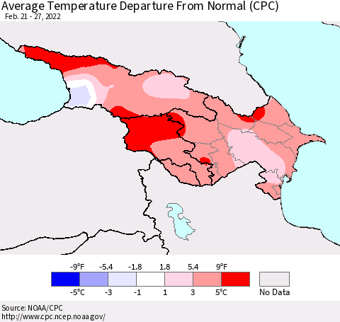 Azerbaijan, Armenia and Georgia Average Temperature Departure from Normal (CPC) Thematic Map For 2/21/2022 - 2/27/2022