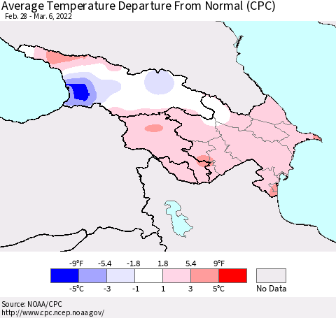Azerbaijan, Armenia and Georgia Average Temperature Departure from Normal (CPC) Thematic Map For 2/28/2022 - 3/6/2022