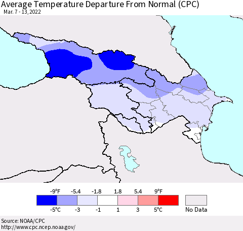 Azerbaijan, Armenia and Georgia Average Temperature Departure from Normal (CPC) Thematic Map For 3/7/2022 - 3/13/2022