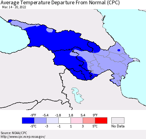 Azerbaijan, Armenia and Georgia Average Temperature Departure from Normal (CPC) Thematic Map For 3/14/2022 - 3/20/2022