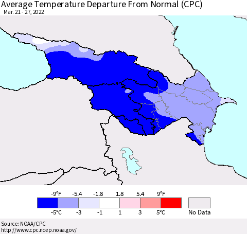 Azerbaijan, Armenia and Georgia Average Temperature Departure from Normal (CPC) Thematic Map For 3/21/2022 - 3/27/2022