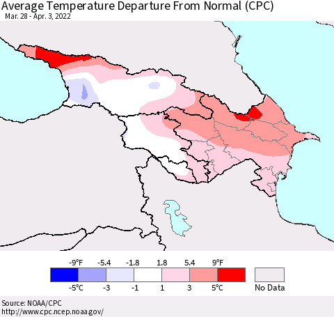 Azerbaijan, Armenia and Georgia Average Temperature Departure from Normal (CPC) Thematic Map For 3/28/2022 - 4/3/2022
