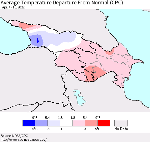 Azerbaijan, Armenia and Georgia Average Temperature Departure from Normal (CPC) Thematic Map For 4/4/2022 - 4/10/2022