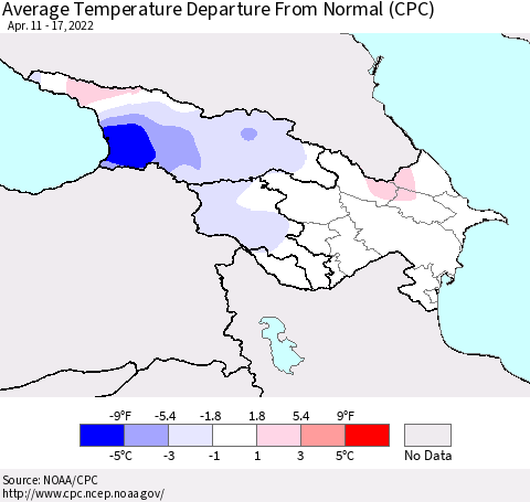 Azerbaijan, Armenia and Georgia Average Temperature Departure from Normal (CPC) Thematic Map For 4/11/2022 - 4/17/2022