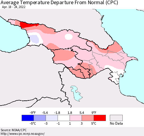 Azerbaijan, Armenia and Georgia Average Temperature Departure from Normal (CPC) Thematic Map For 4/18/2022 - 4/24/2022