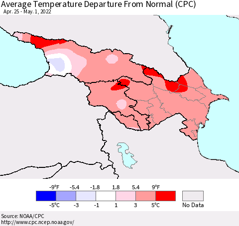 Azerbaijan, Armenia and Georgia Average Temperature Departure from Normal (CPC) Thematic Map For 4/25/2022 - 5/1/2022