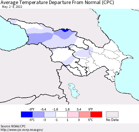 Azerbaijan, Armenia and Georgia Average Temperature Departure from Normal (CPC) Thematic Map For 5/2/2022 - 5/8/2022