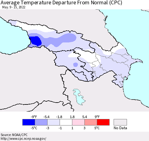Azerbaijan, Armenia and Georgia Average Temperature Departure from Normal (CPC) Thematic Map For 5/9/2022 - 5/15/2022