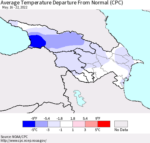 Azerbaijan, Armenia and Georgia Average Temperature Departure from Normal (CPC) Thematic Map For 5/16/2022 - 5/22/2022