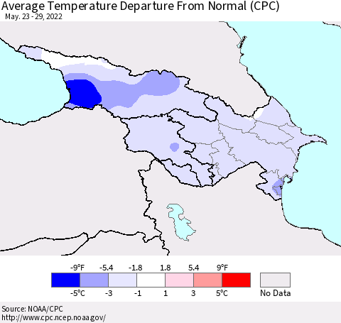 Azerbaijan, Armenia and Georgia Average Temperature Departure from Normal (CPC) Thematic Map For 5/23/2022 - 5/29/2022