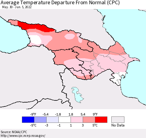 Azerbaijan, Armenia and Georgia Average Temperature Departure from Normal (CPC) Thematic Map For 5/30/2022 - 6/5/2022