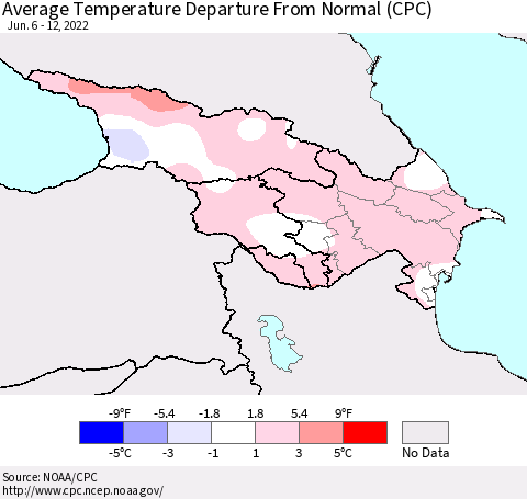 Azerbaijan, Armenia and Georgia Average Temperature Departure from Normal (CPC) Thematic Map For 6/6/2022 - 6/12/2022