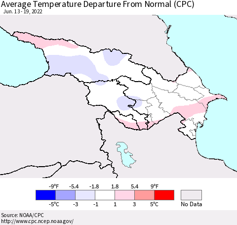 Azerbaijan, Armenia and Georgia Average Temperature Departure from Normal (CPC) Thematic Map For 6/13/2022 - 6/19/2022