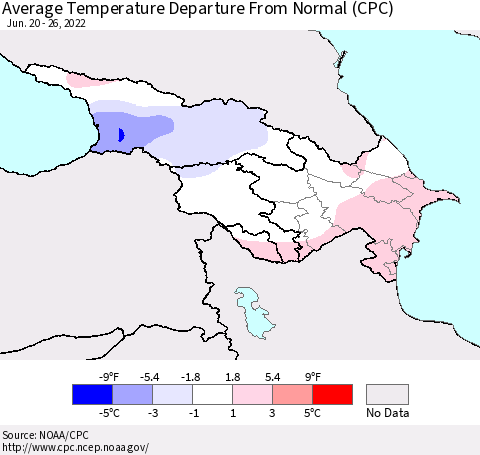 Azerbaijan, Armenia and Georgia Average Temperature Departure from Normal (CPC) Thematic Map For 6/20/2022 - 6/26/2022