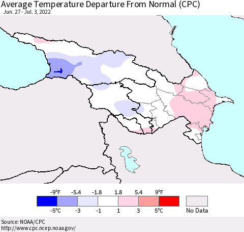 Azerbaijan, Armenia and Georgia Average Temperature Departure from Normal (CPC) Thematic Map For 6/27/2022 - 7/3/2022