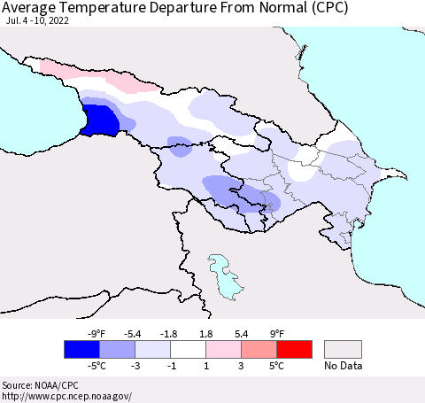 Azerbaijan, Armenia and Georgia Average Temperature Departure from Normal (CPC) Thematic Map For 7/4/2022 - 7/10/2022