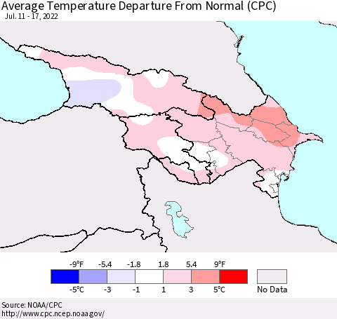 Azerbaijan, Armenia and Georgia Average Temperature Departure from Normal (CPC) Thematic Map For 7/11/2022 - 7/17/2022