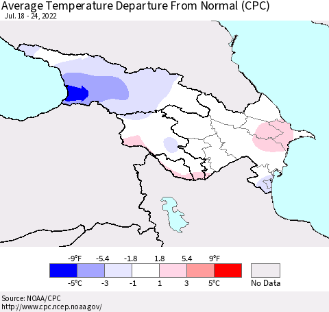 Azerbaijan, Armenia and Georgia Average Temperature Departure from Normal (CPC) Thematic Map For 7/18/2022 - 7/24/2022