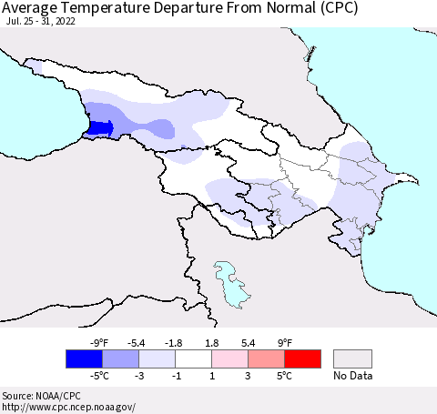 Azerbaijan, Armenia and Georgia Average Temperature Departure from Normal (CPC) Thematic Map For 7/25/2022 - 7/31/2022