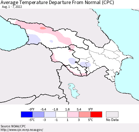 Azerbaijan, Armenia and Georgia Average Temperature Departure from Normal (CPC) Thematic Map For 8/1/2022 - 8/7/2022