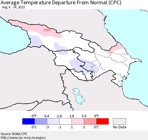 Azerbaijan, Armenia and Georgia Average Temperature Departure from Normal (CPC) Thematic Map For 8/8/2022 - 8/14/2022