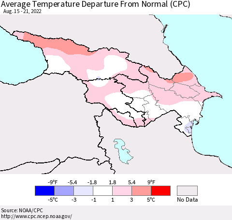 Azerbaijan, Armenia and Georgia Average Temperature Departure from Normal (CPC) Thematic Map For 8/15/2022 - 8/21/2022