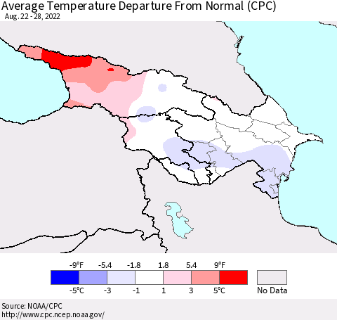 Azerbaijan, Armenia and Georgia Average Temperature Departure from Normal (CPC) Thematic Map For 8/22/2022 - 8/28/2022