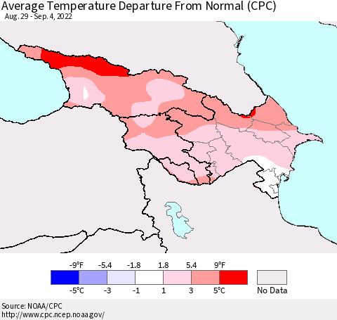 Azerbaijan, Armenia and Georgia Average Temperature Departure from Normal (CPC) Thematic Map For 8/29/2022 - 9/4/2022