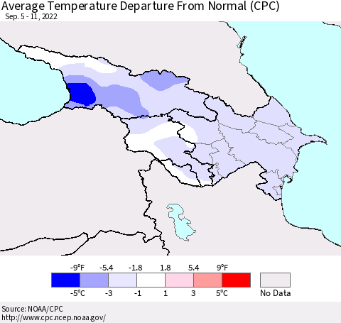 Azerbaijan, Armenia and Georgia Average Temperature Departure from Normal (CPC) Thematic Map For 9/5/2022 - 9/11/2022