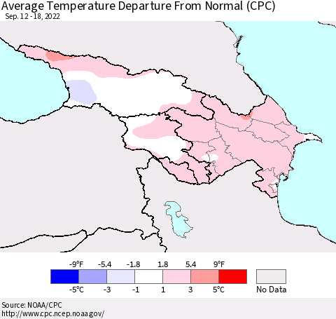 Azerbaijan, Armenia and Georgia Average Temperature Departure from Normal (CPC) Thematic Map For 9/12/2022 - 9/18/2022