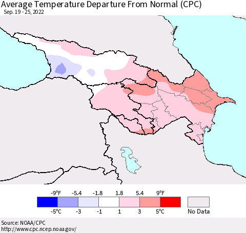 Azerbaijan, Armenia and Georgia Average Temperature Departure from Normal (CPC) Thematic Map For 9/19/2022 - 9/25/2022
