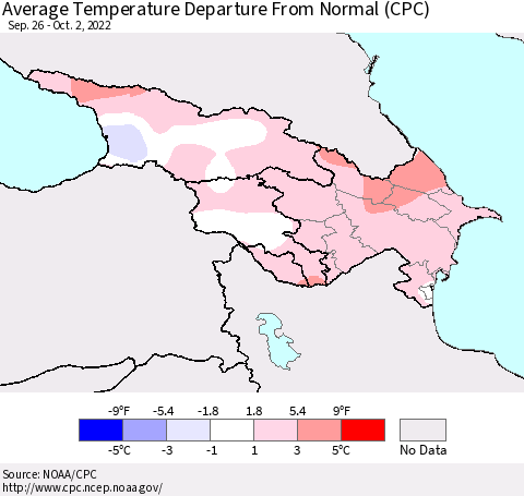 Azerbaijan, Armenia and Georgia Average Temperature Departure from Normal (CPC) Thematic Map For 9/26/2022 - 10/2/2022