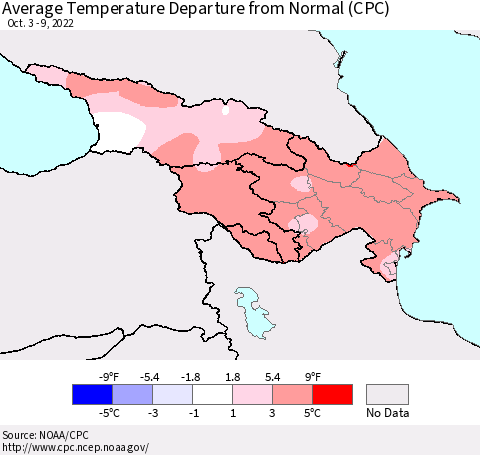 Azerbaijan, Armenia and Georgia Average Temperature Departure from Normal (CPC) Thematic Map For 10/3/2022 - 10/9/2022