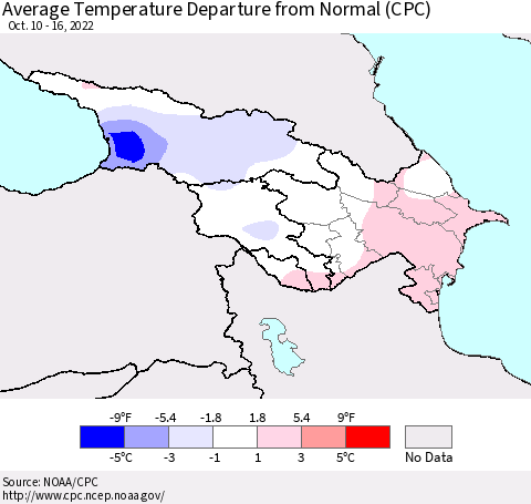 Azerbaijan, Armenia and Georgia Average Temperature Departure from Normal (CPC) Thematic Map For 10/10/2022 - 10/16/2022