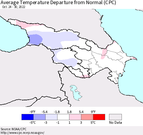 Azerbaijan, Armenia and Georgia Average Temperature Departure from Normal (CPC) Thematic Map For 10/24/2022 - 10/30/2022