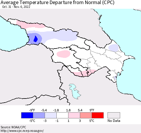 Azerbaijan, Armenia and Georgia Average Temperature Departure from Normal (CPC) Thematic Map For 10/31/2022 - 11/6/2022