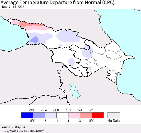 Azerbaijan, Armenia and Georgia Average Temperature Departure from Normal (CPC) Thematic Map For 11/7/2022 - 11/13/2022