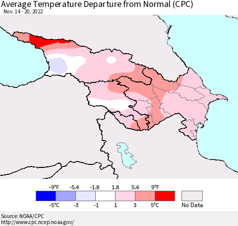 Azerbaijan, Armenia and Georgia Average Temperature Departure from Normal (CPC) Thematic Map For 11/14/2022 - 11/20/2022