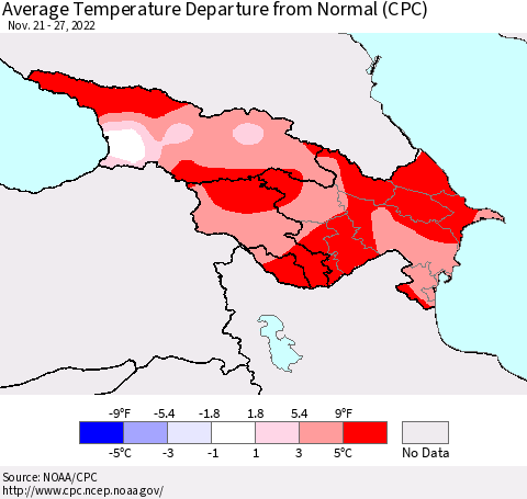 Azerbaijan, Armenia and Georgia Average Temperature Departure from Normal (CPC) Thematic Map For 11/21/2022 - 11/27/2022