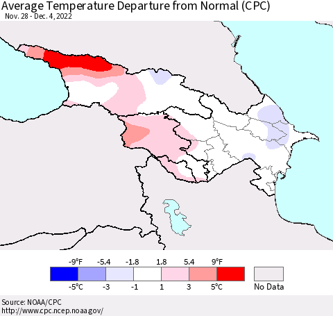 Azerbaijan, Armenia and Georgia Average Temperature Departure from Normal (CPC) Thematic Map For 11/28/2022 - 12/4/2022