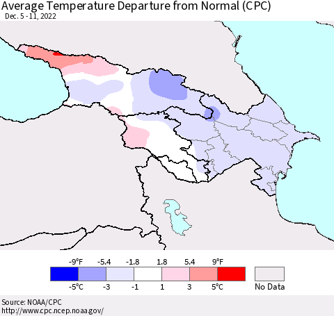 Azerbaijan, Armenia and Georgia Average Temperature Departure from Normal (CPC) Thematic Map For 12/5/2022 - 12/11/2022