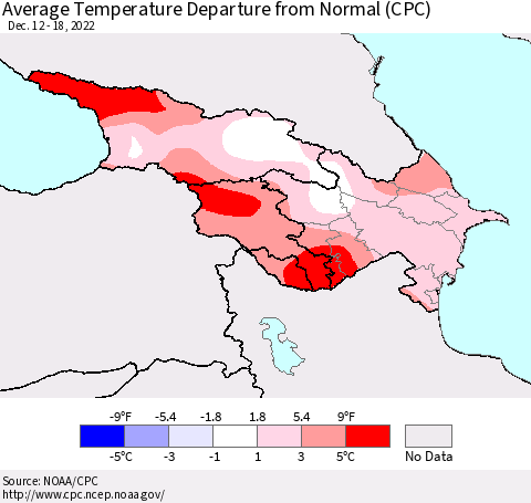 Azerbaijan, Armenia and Georgia Average Temperature Departure from Normal (CPC) Thematic Map For 12/12/2022 - 12/18/2022