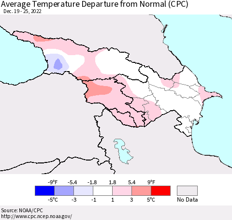 Azerbaijan, Armenia and Georgia Average Temperature Departure from Normal (CPC) Thematic Map For 12/19/2022 - 12/25/2022