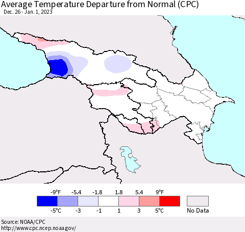 Azerbaijan, Armenia and Georgia Average Temperature Departure from Normal (CPC) Thematic Map For 12/26/2022 - 1/1/2023