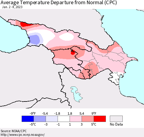 Azerbaijan, Armenia and Georgia Average Temperature Departure from Normal (CPC) Thematic Map For 1/2/2023 - 1/8/2023
