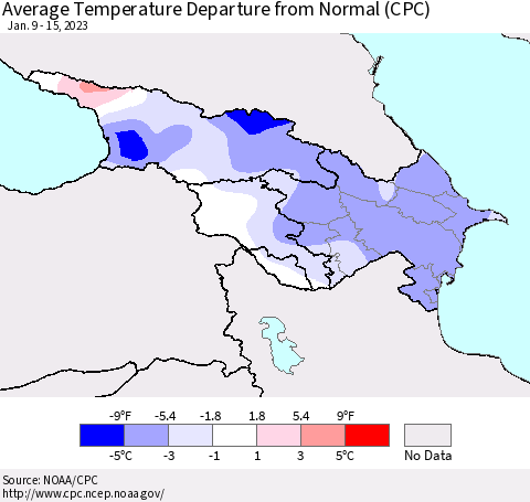 Azerbaijan, Armenia and Georgia Average Temperature Departure from Normal (CPC) Thematic Map For 1/9/2023 - 1/15/2023