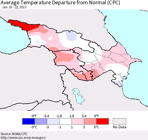 Azerbaijan, Armenia and Georgia Average Temperature Departure from Normal (CPC) Thematic Map For 1/16/2023 - 1/22/2023