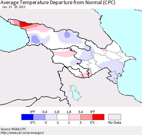 Azerbaijan, Armenia and Georgia Average Temperature Departure from Normal (CPC) Thematic Map For 1/23/2023 - 1/29/2023