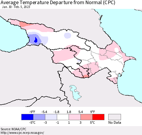 Azerbaijan, Armenia and Georgia Average Temperature Departure from Normal (CPC) Thematic Map For 1/30/2023 - 2/5/2023