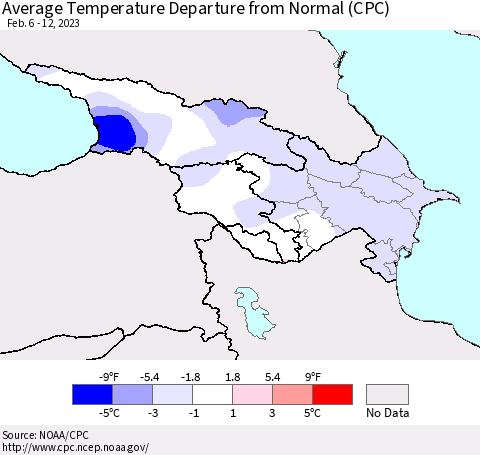 Azerbaijan, Armenia and Georgia Average Temperature Departure from Normal (CPC) Thematic Map For 2/6/2023 - 2/12/2023
